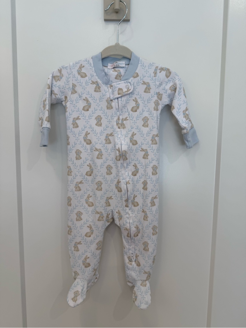 Baby Footed Pajamas in Light Blue and Beige Bunny Print